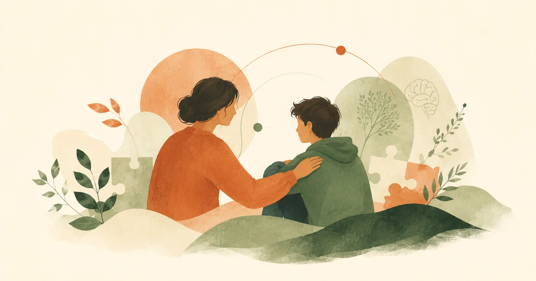 An illustration of a parent and teenager sitting together in quiet connection, surrounded by leaves and soft shapes.
