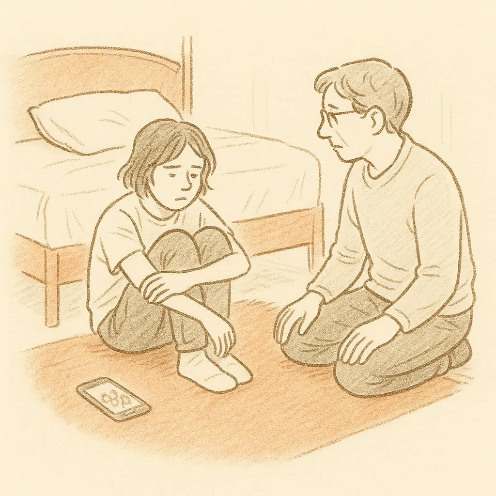 Line art of a teen on the floor against their bed, phone face-up showing a group photo, a parent sitting down beside them at a small distance