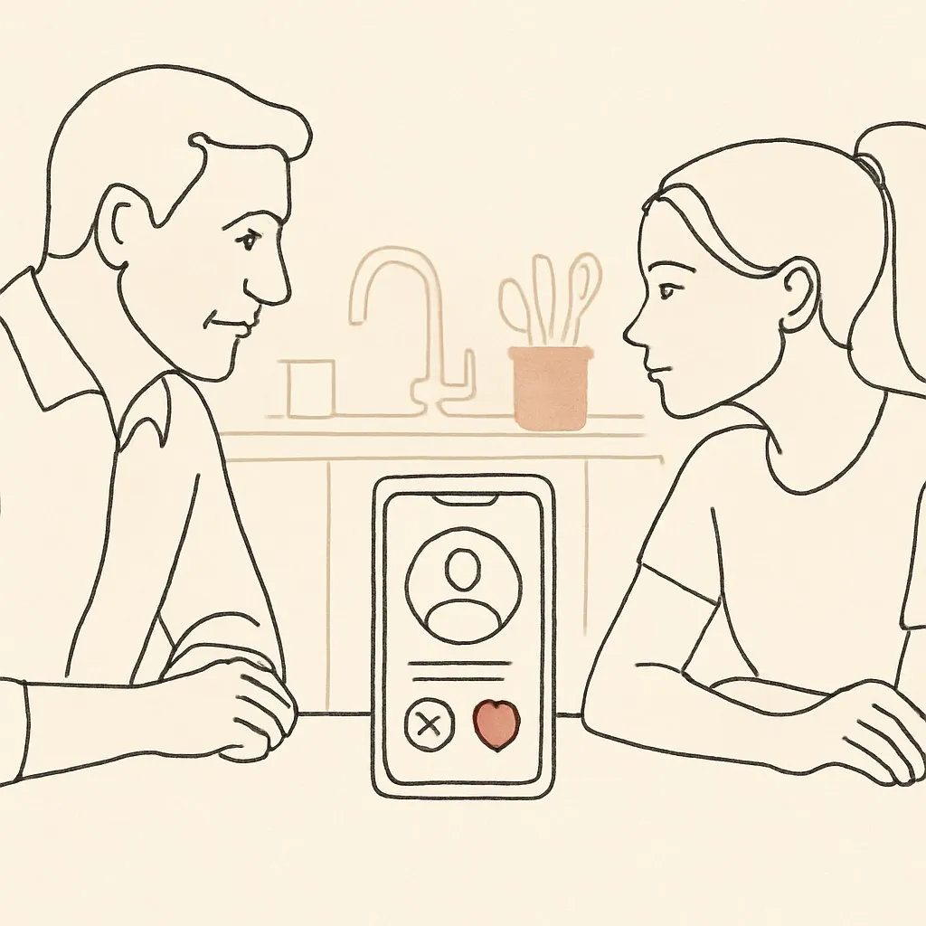 Line art of a phone on a kitchen counter showing a generic dating-app interface, parent and teen on either side