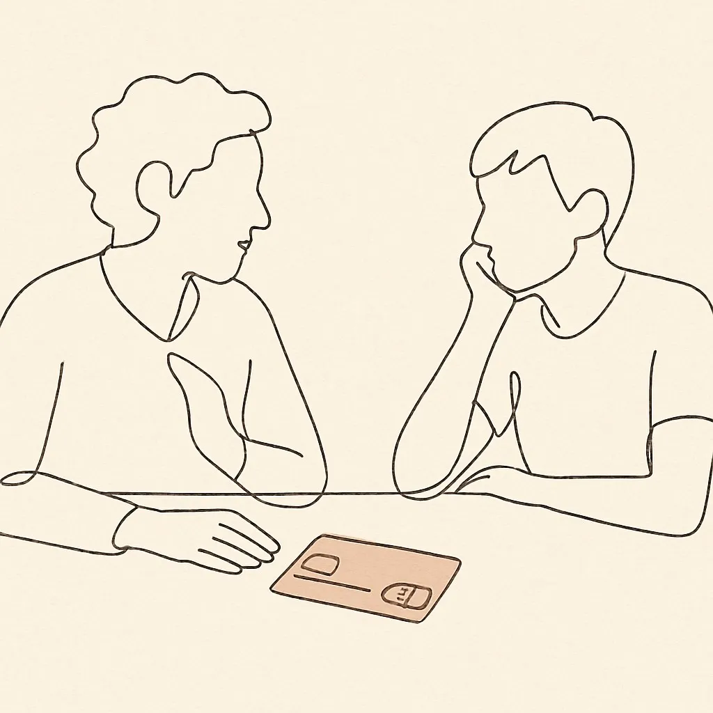 Line art of a debit card on a wooden table, parent and teen on either side