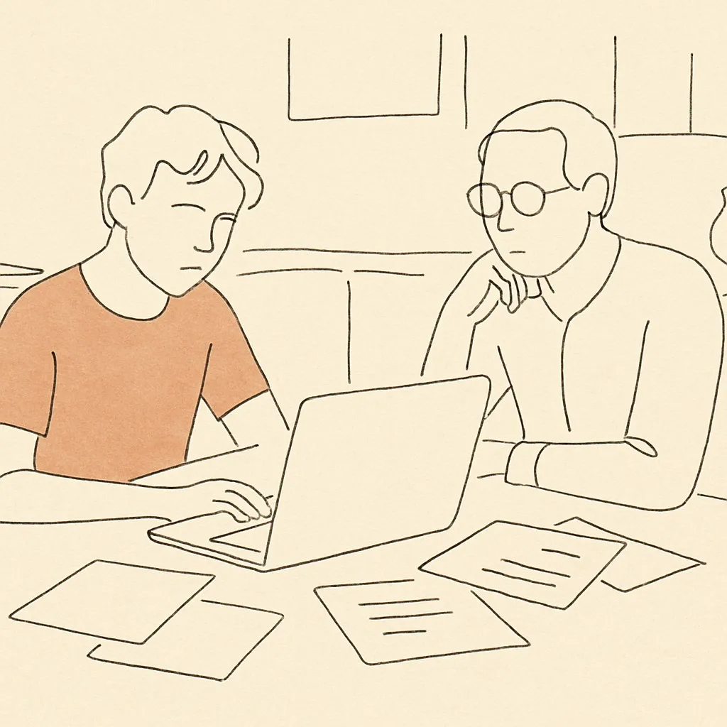Line art of a laptop on a kitchen table, a teen and parent on either side, papers scattered