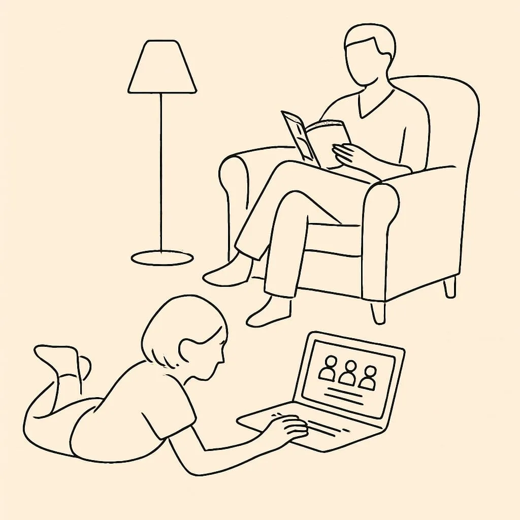 Line art of a teen on the living room floor with a laptop showing a group chat, a parent in an armchair holding a book under lamp light