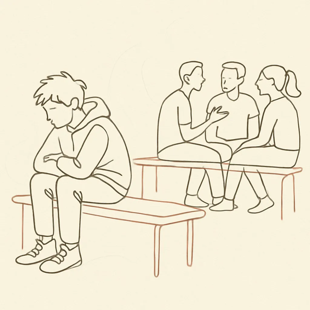 Line art of a teen sitting alone on a school bench at the edge of a small group