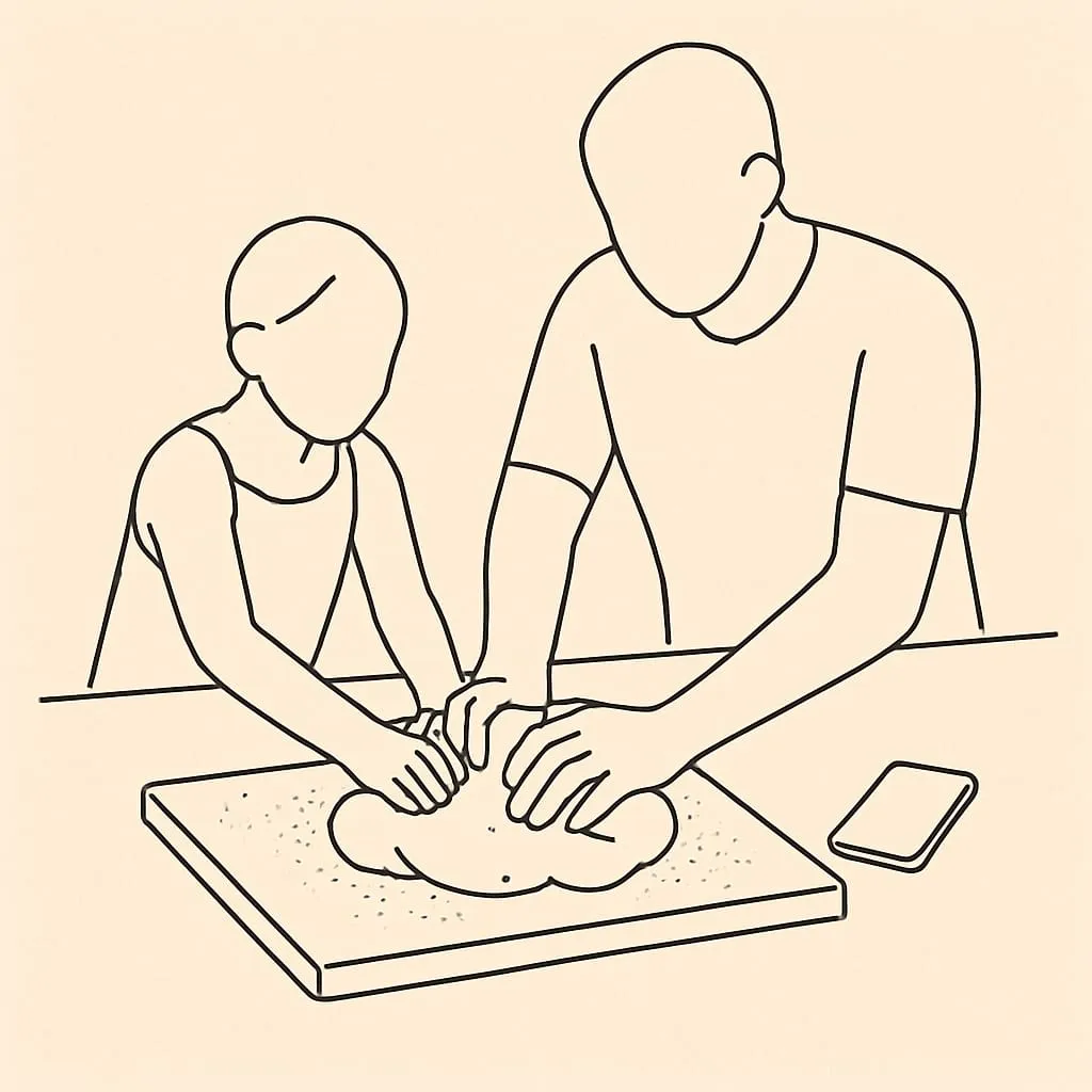 Line art of two pairs of hands kneading bread dough at a kitchen counter beside a flour-dusted wooden board, a phone resting face-down at the edge of the counter