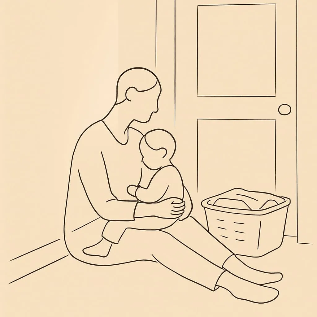 Line art of a parent sitting on the hallway floor with their back against a closed bedroom door, a folded basket of laundry beside them