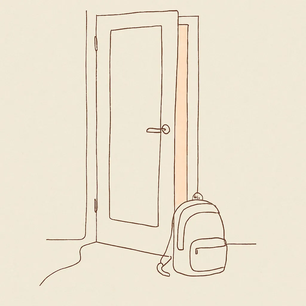 Line art of a teen's bedroom door with a backpack on the floor, soft hallway light spilling through