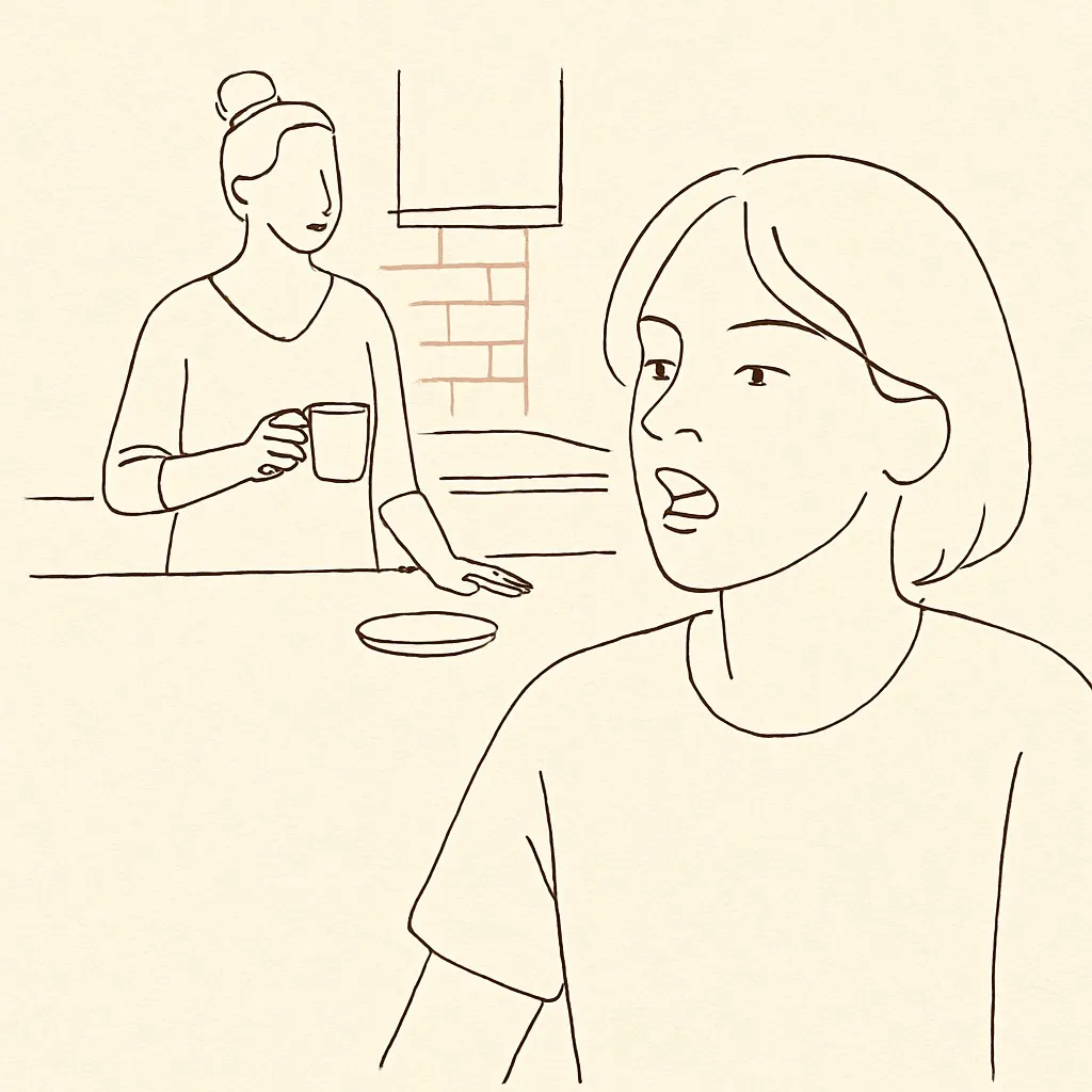 Line art of a parent at a kitchen counter holding a coffee cup, a teen mid-sentence in the foreground