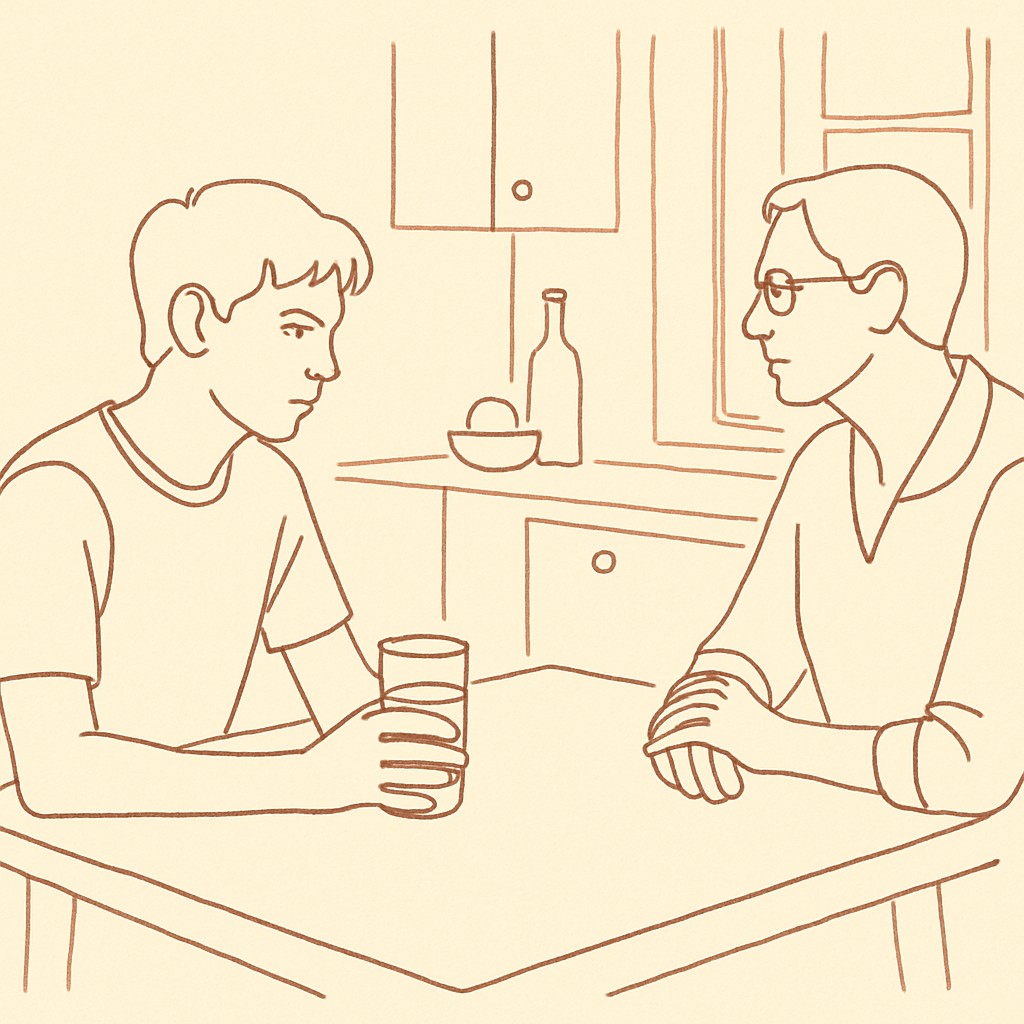 Line art of a teen at a kitchen table holding a water glass, parent across in the warm morning light