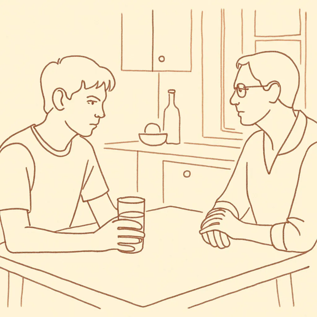 Line art of a teen at a kitchen table holding a water glass, parent across in the warm morning light