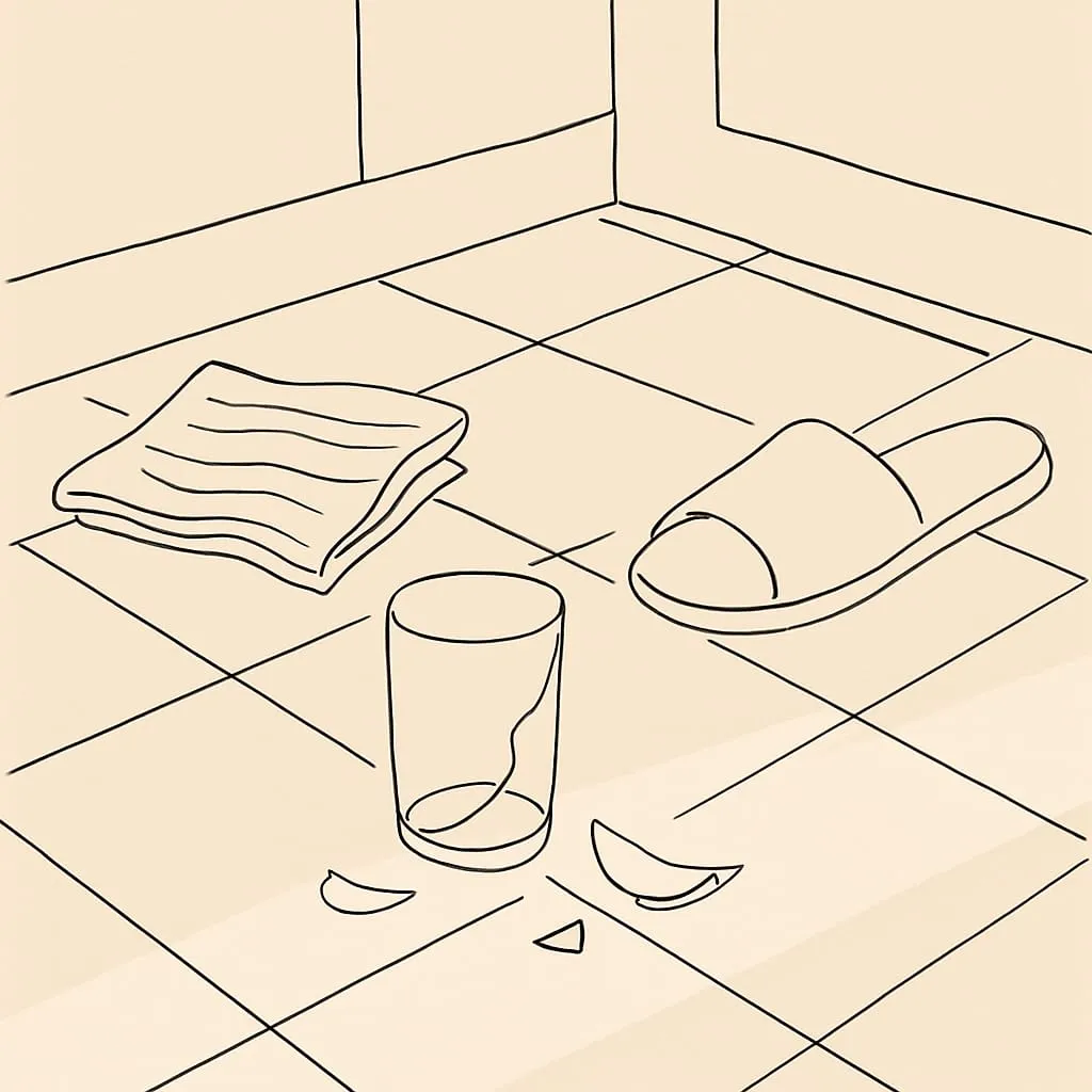 Line art still life of a single broken glass on a tiled kitchen floor with a folded dish towel and one slipper nearby, soft late-afternoon light