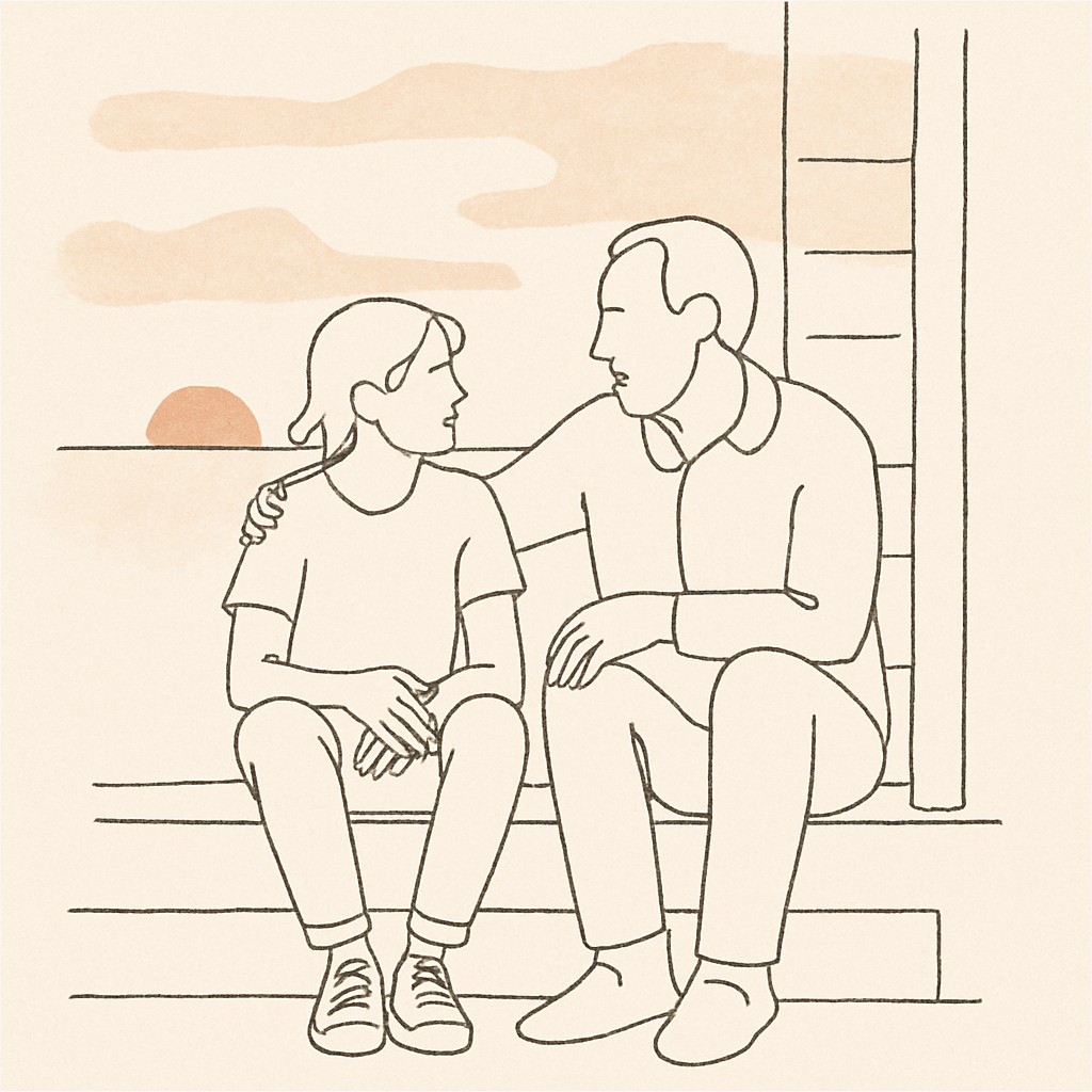 Line art of a teen and parent on a porch step at dusk, soft warm sky