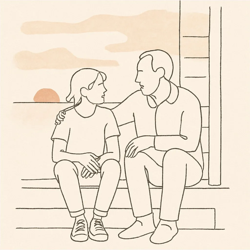 Line art of a teen and parent on a porch step at dusk, soft warm sky