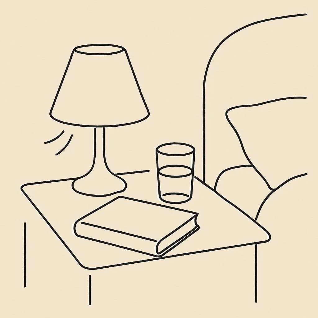 Line art of a bedside lamp glowing low beside a closed book and a glass of water on a small nightstand in soft late-night shadows