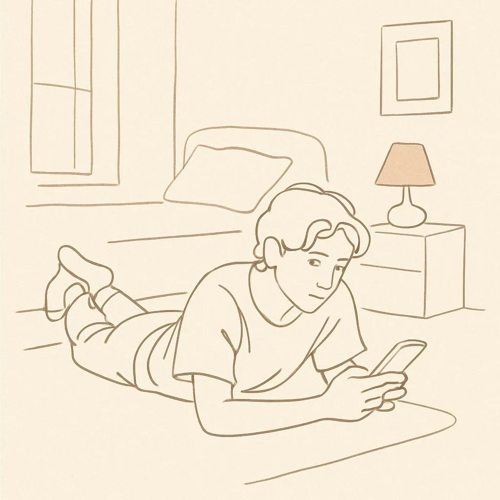 Line art of a teen on a bedroom floor with a phone in hand, soft afternoon light