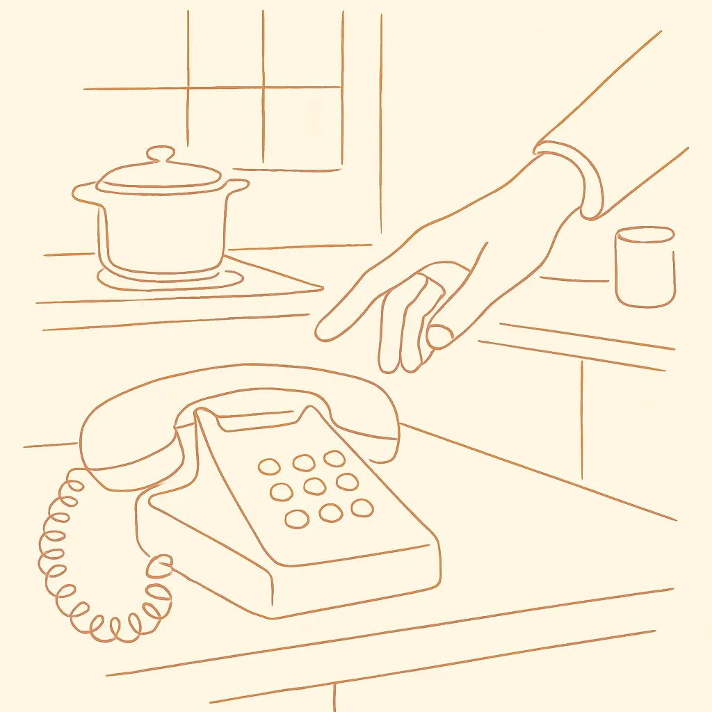 Line art of a phone on a kitchen counter mid-call, parent's hand reaching for it, soft warm light