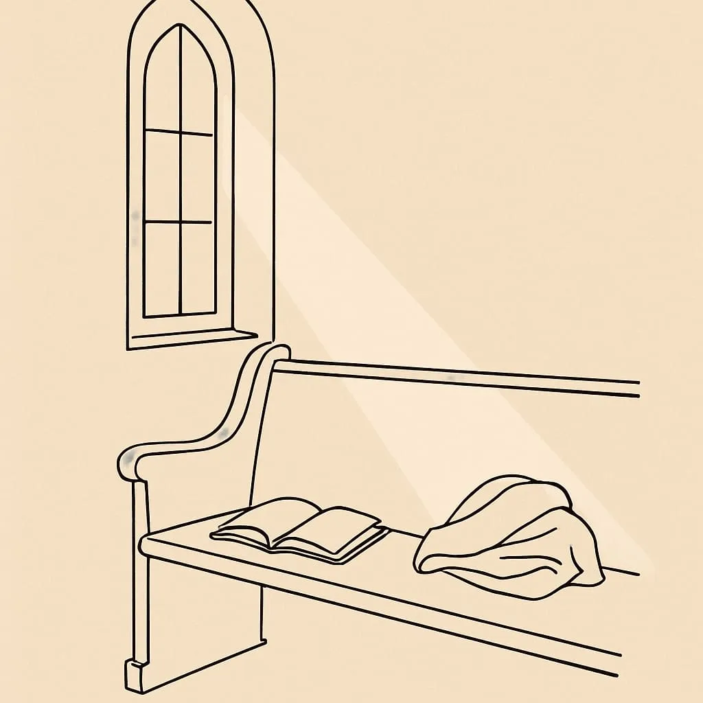 Line art of an empty wooden pew in soft afternoon light coming through a tall window, a hymnal lying open and a single coat folded on the bench