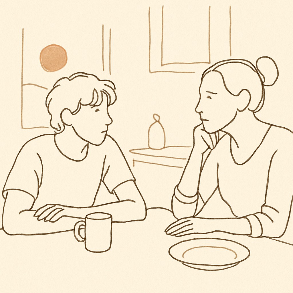 Line art of a teen and parent at a kitchen table, soft afternoon light