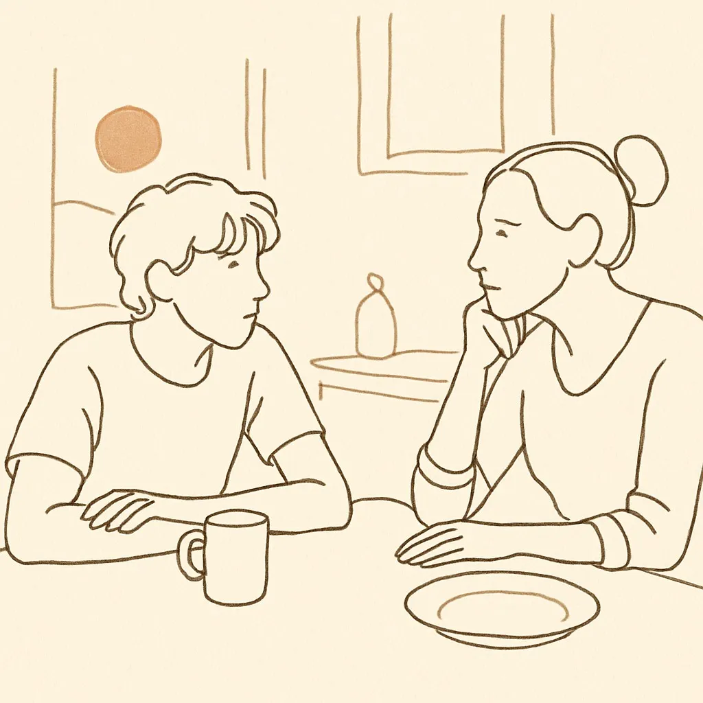 Line art of a teen and parent at a kitchen table, soft afternoon light