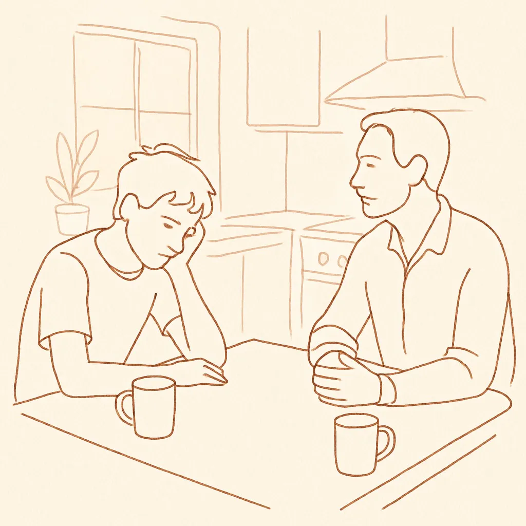 Line art of a teen at a kitchen table, parent sitting across, soft afternoon light