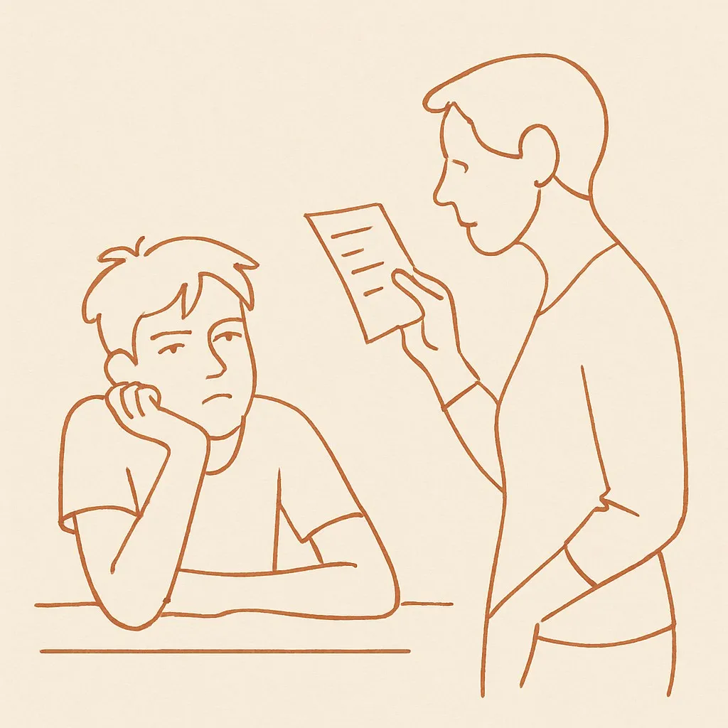 Line art of a teen leaning on a counter looking unimpressed, parent holding a list