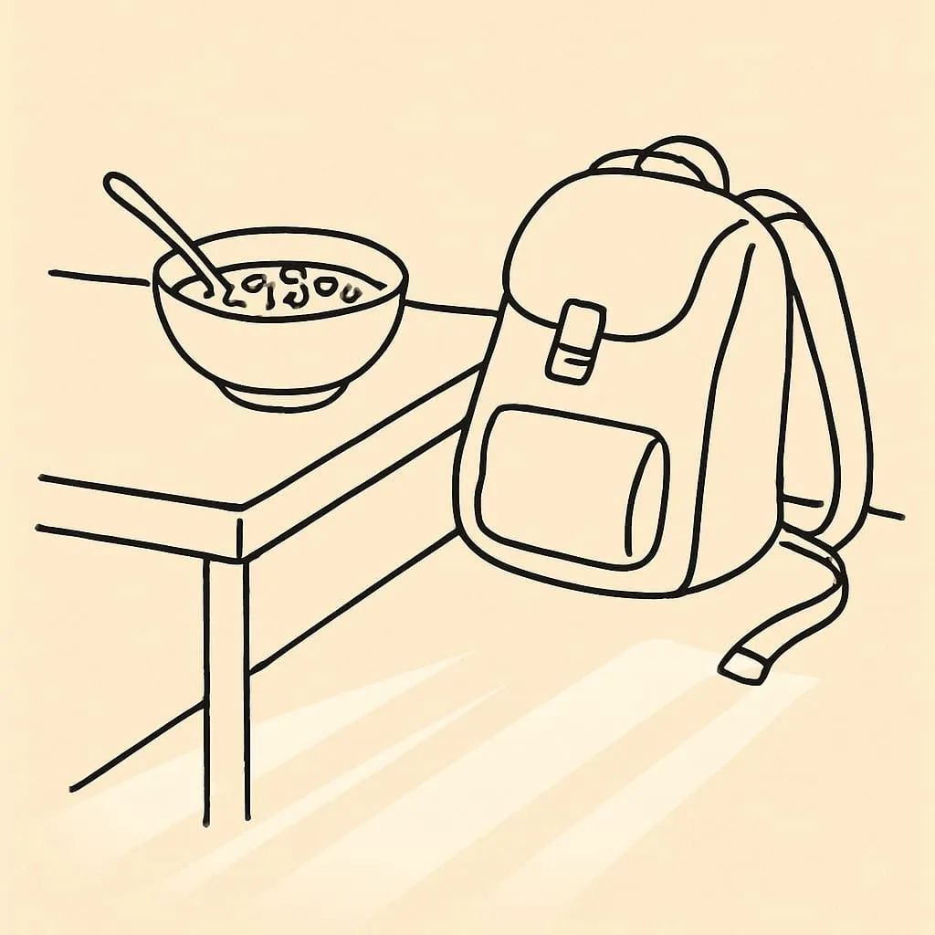 Line art of an untouched bowl of cereal on a kitchen table next to a backpack with one strap unbuckled, soft early-morning sun across the floor