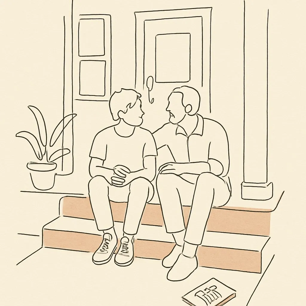 Line art of a teen and parent on the porch of a house at dusk, a college brochure on the steps