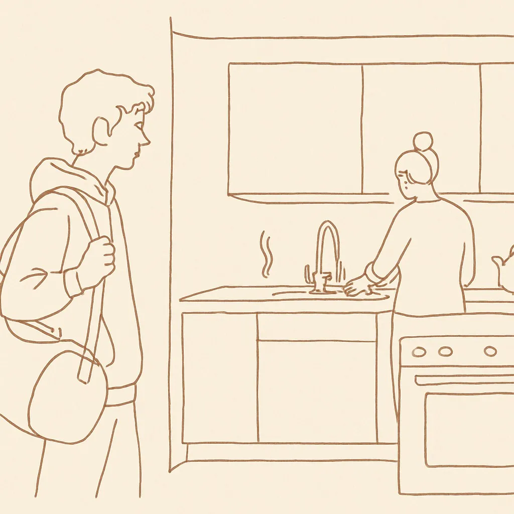 Line art of a teen with a duffel bag in the kitchen at evening, parent at the sink