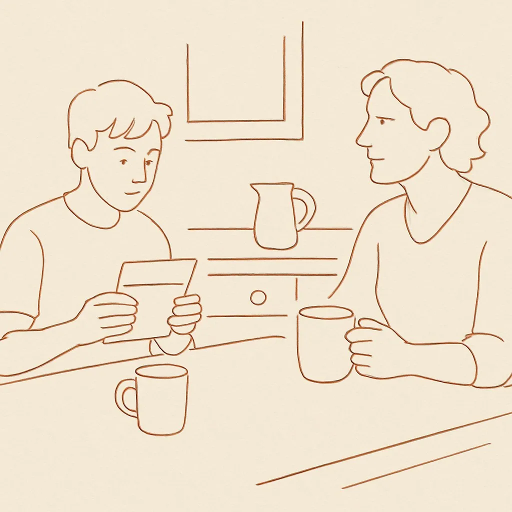 Line art of a teen with a learner's permit at a kitchen counter, parent across with a coffee cup