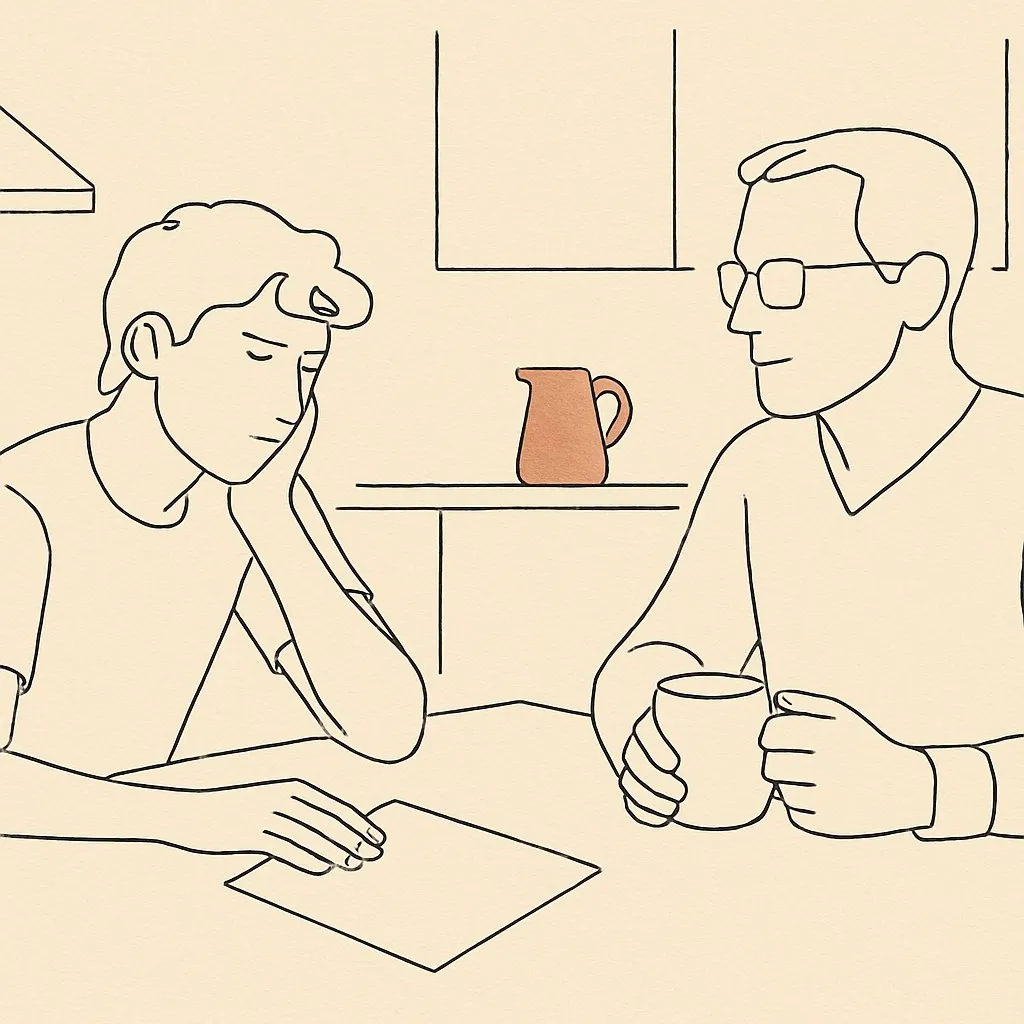 Line art of a teen at a kitchen table with a paper face-down, parent across with a coffee cup
