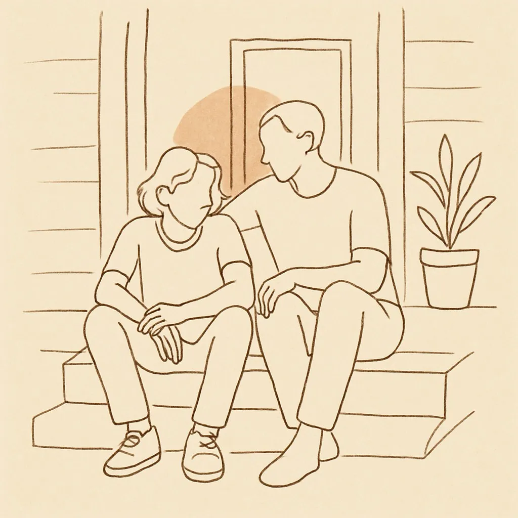 Line art of a teen and parent on a porch step at dusk, soft warm light