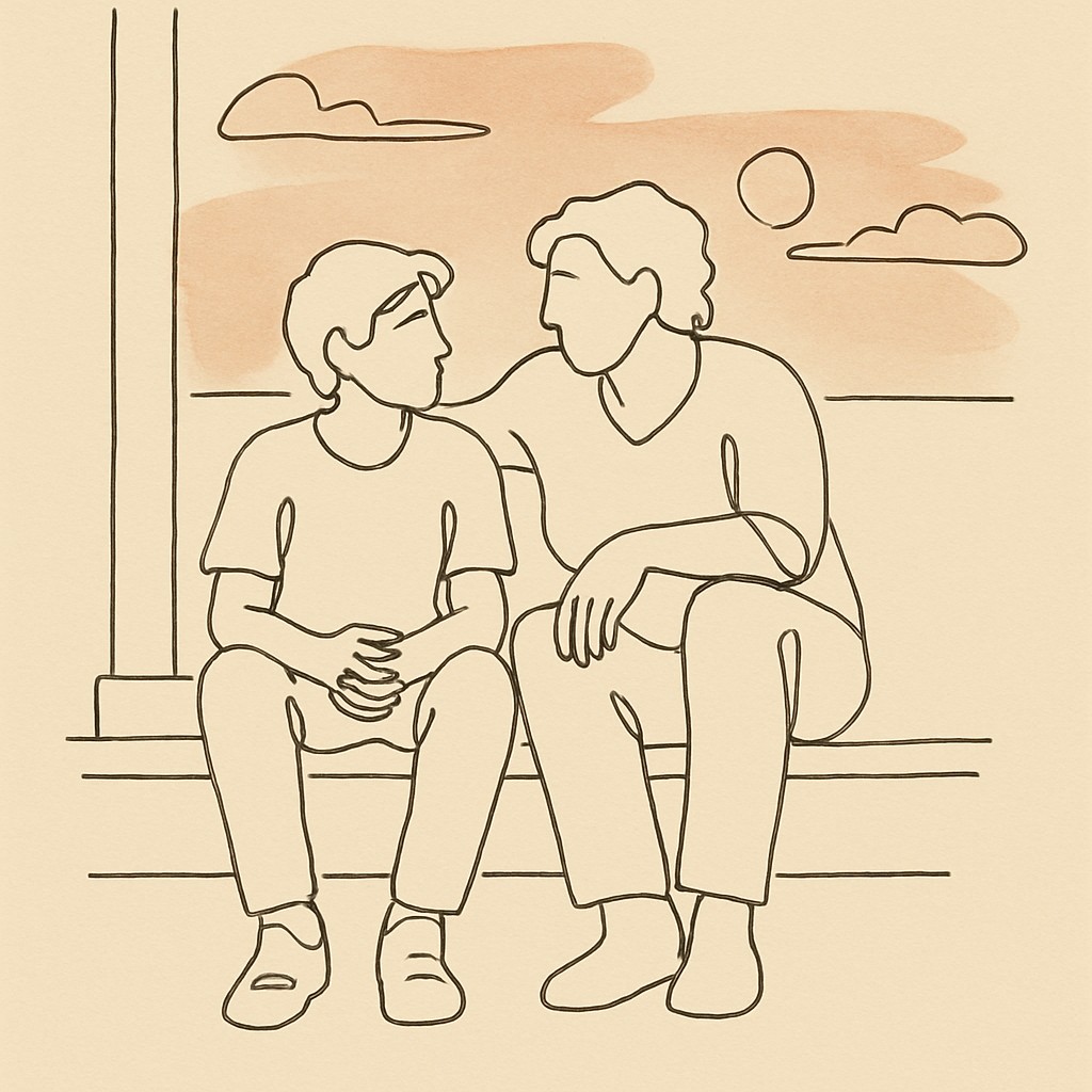 Line art of a teen and parent on a porch step at dusk, soft warm sky