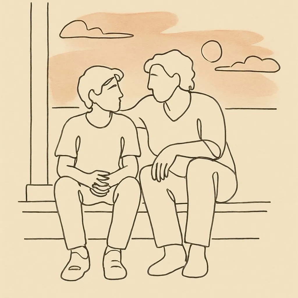 Line art of a teen and parent on a porch step at dusk, soft warm sky