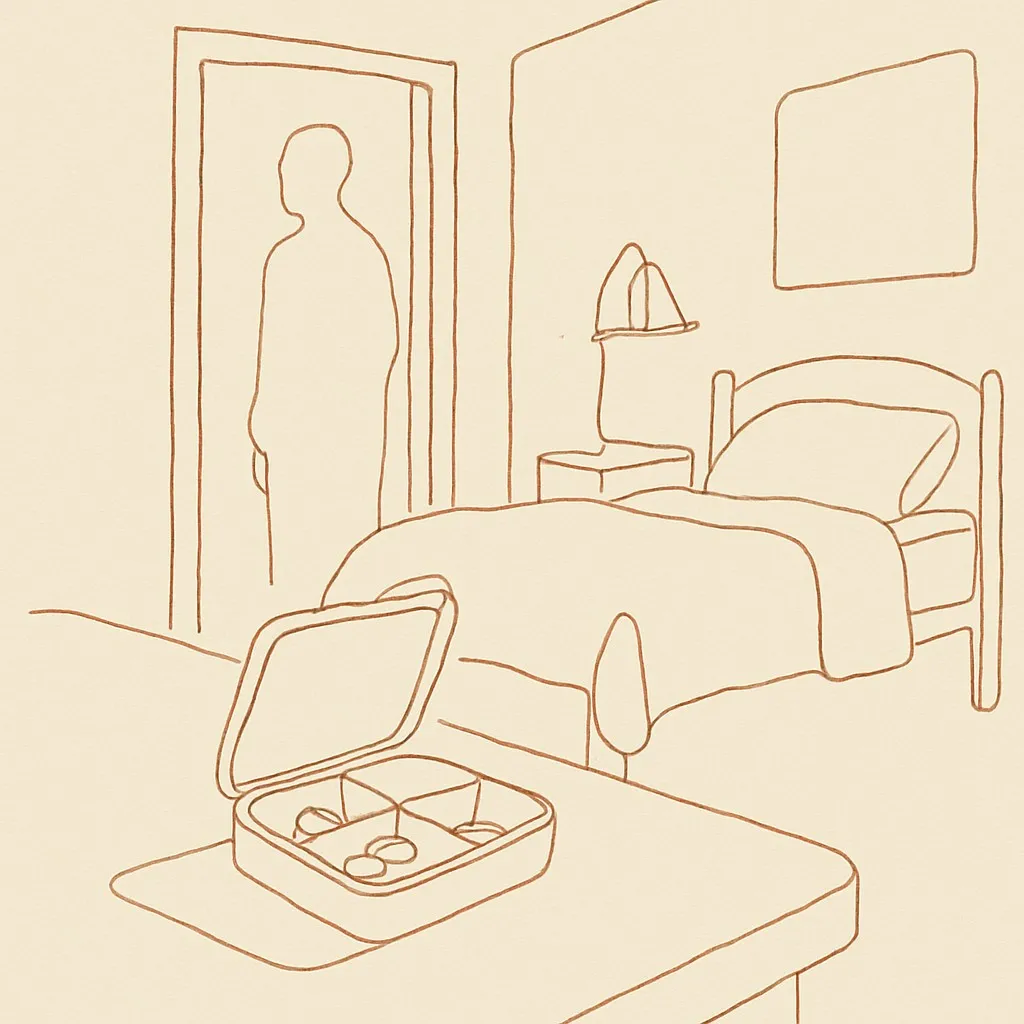Line art of a small pill case on a desk in a dim teen bedroom, parent silhouette in the doorway