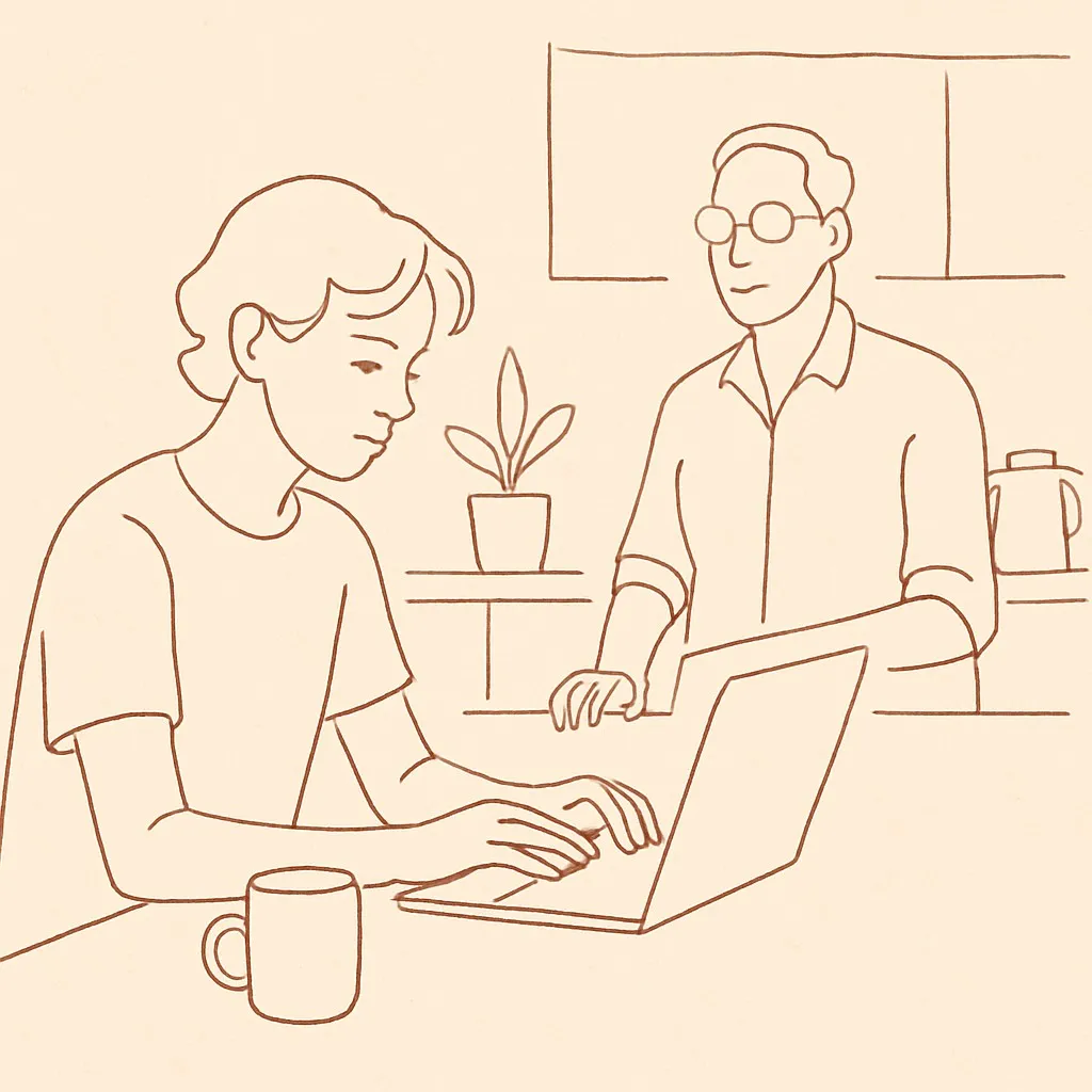 Line art of a teen at a kitchen counter with a laptop, parent on the other side