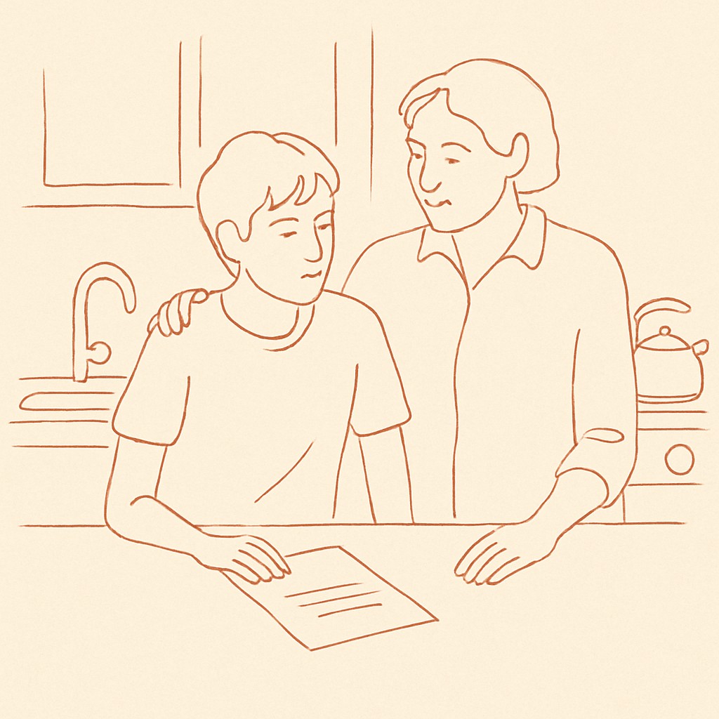 Line art of a teen and parent in a kitchen at midday, a school letter on the counter