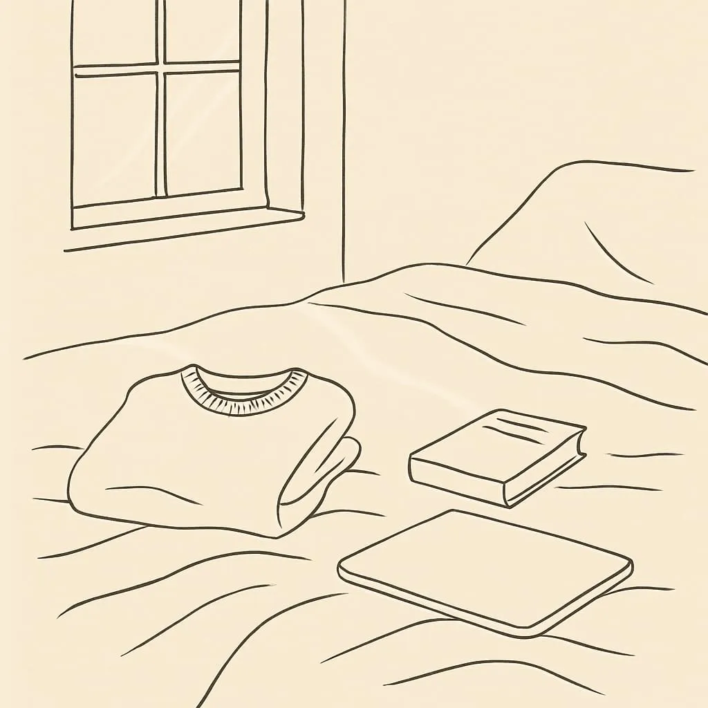 Line art still life of a folded sweater on an unmade bed beside an unopened textbook and a closed laptop in soft morning window light