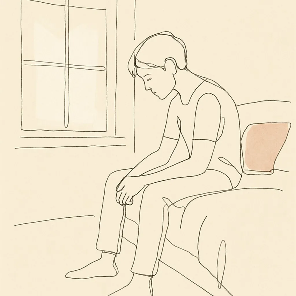 Line art of a teen sitting at the edge of a bed in soft window light, looking down