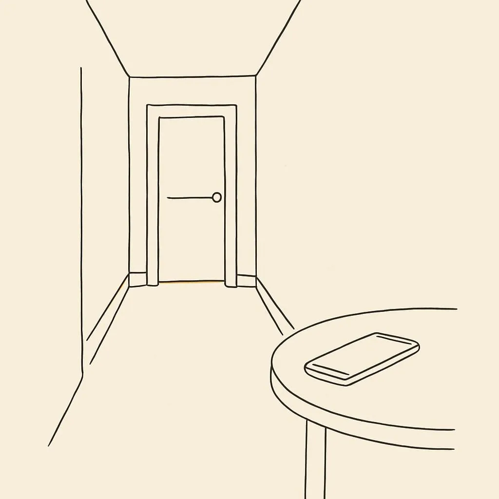 Line art of a closed bedroom door at the end of a dim hallway with a sliver of warm light glowing underneath, a parent's phone face-up on a side table