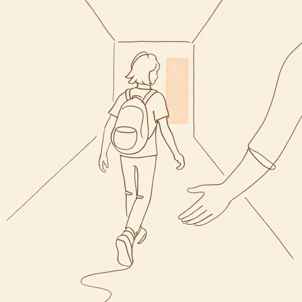 Line art of a teen mid-stride down a hallway, back to the parent, with a soft warm light at the end