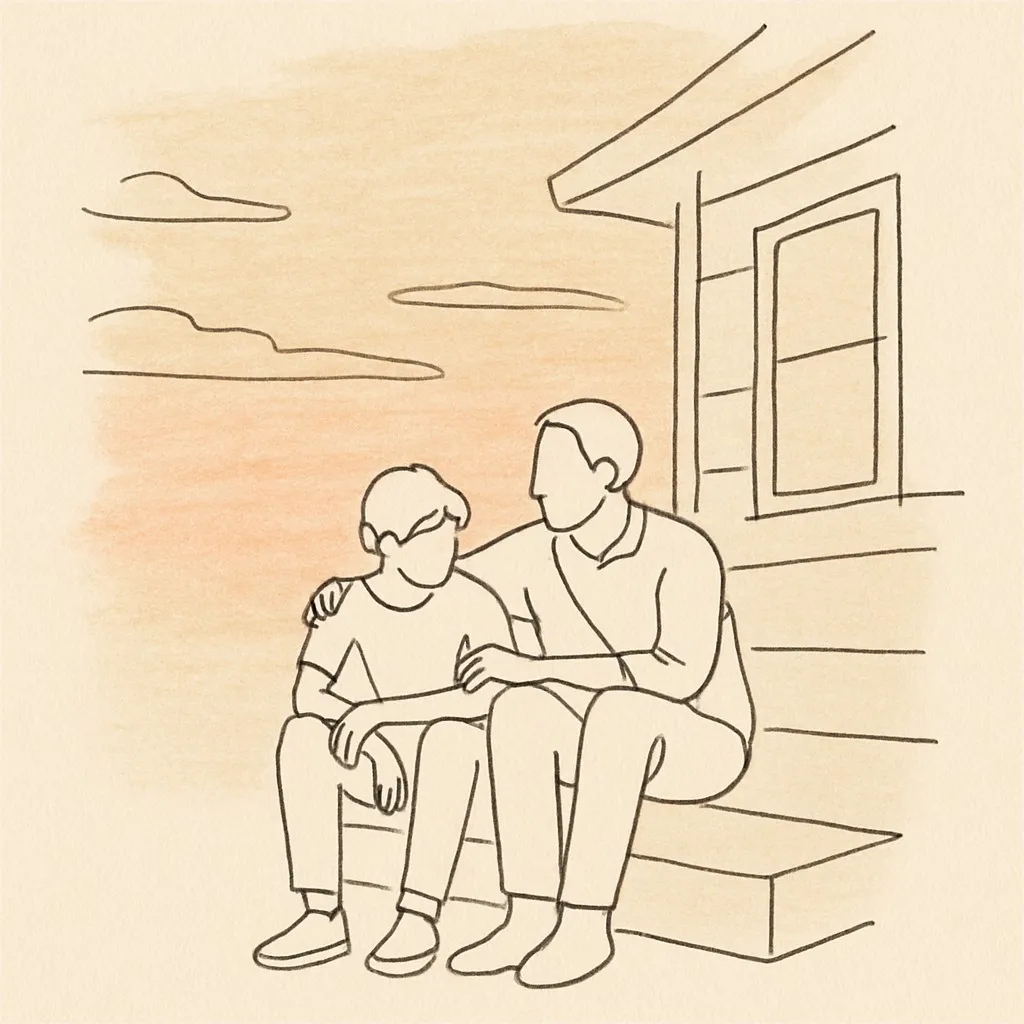 Line art of a teen and parent on a porch step at dusk, soft sky above