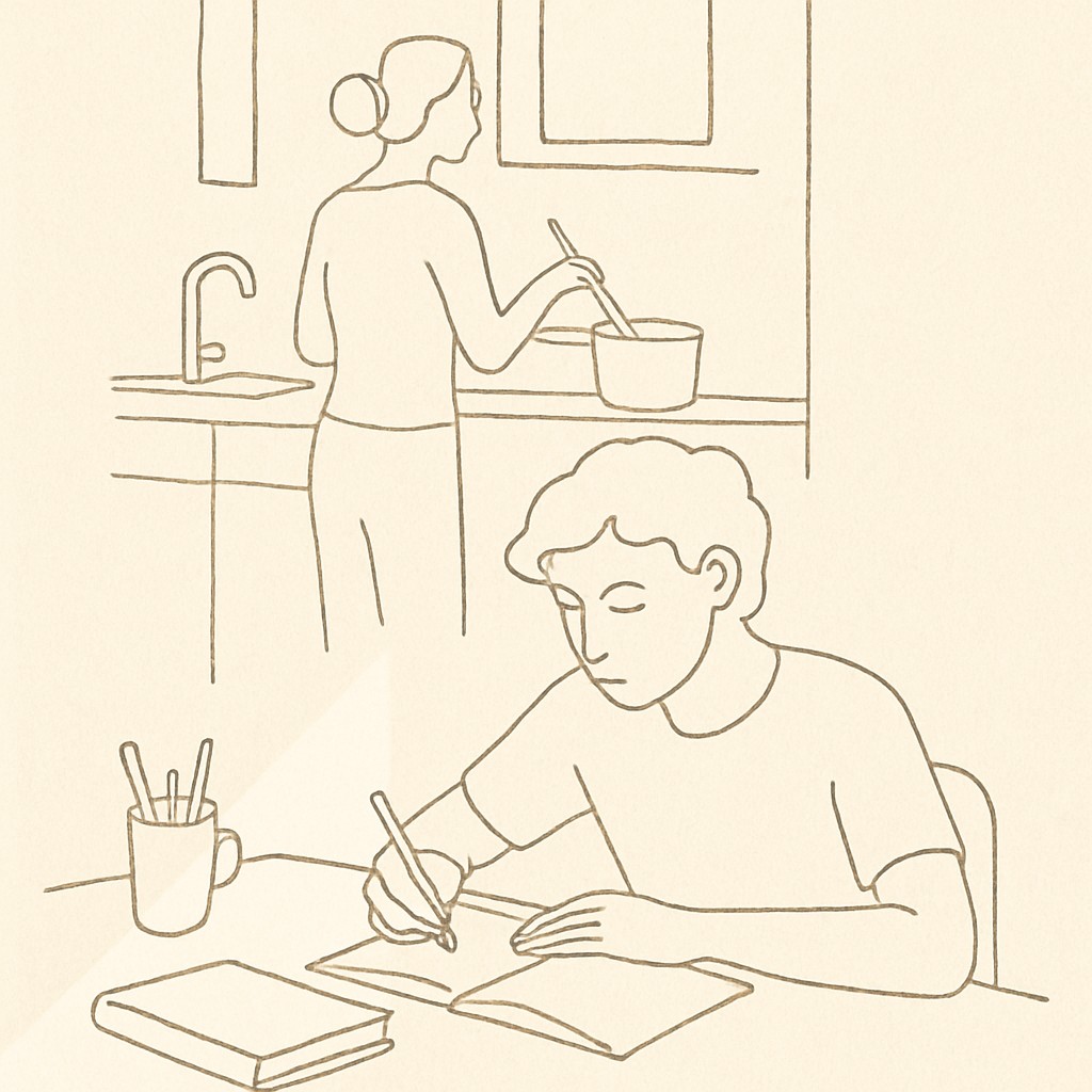 Line art of a teen at a desk in soft afternoon light, parent in the kitchen background