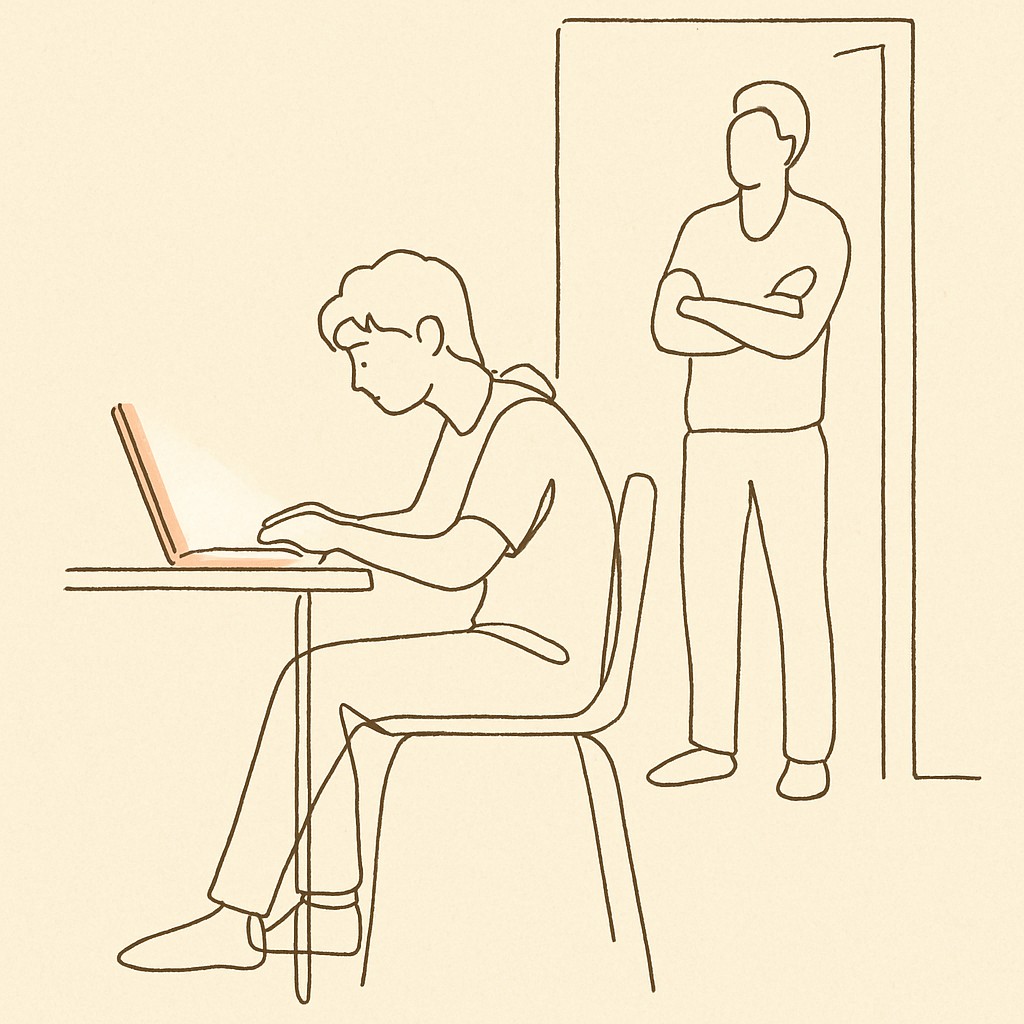 Line art of a teen at a desk lit by a laptop in dim afternoon light, parent in the doorway