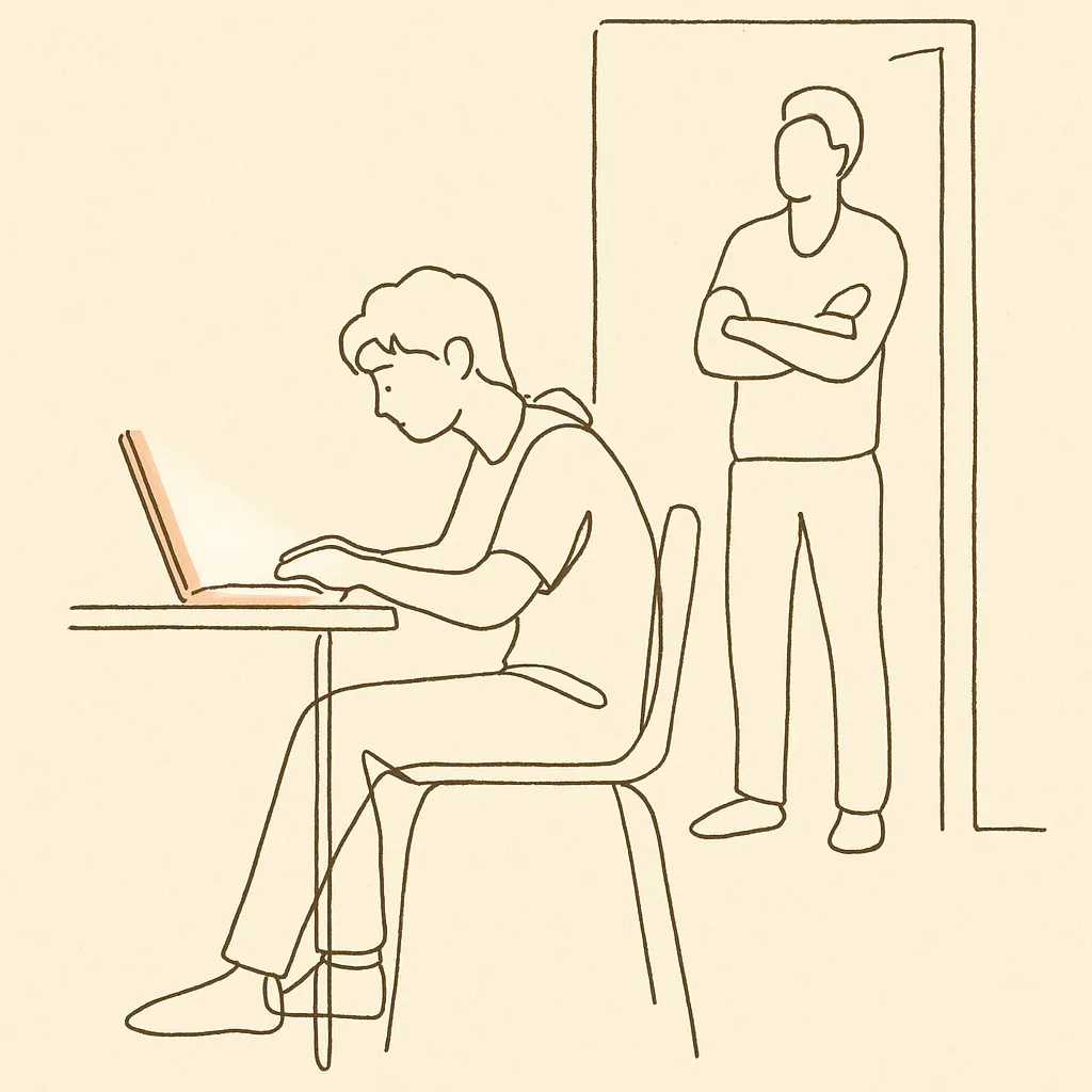 Line art of a teen at a desk lit by a laptop in dim afternoon light, parent in the doorway