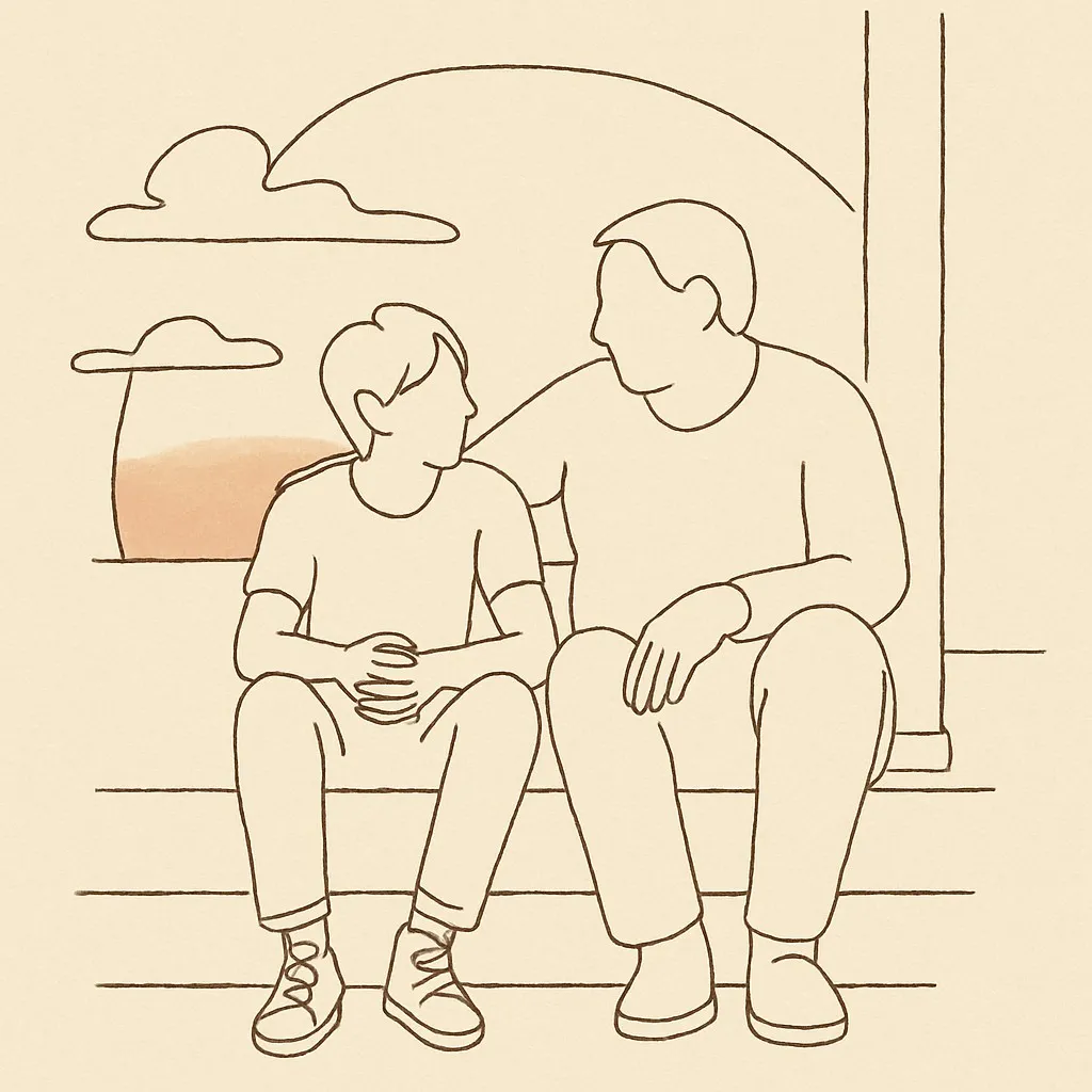 Line art of a teen and parent sitting on a porch step at dusk, soft warm sky