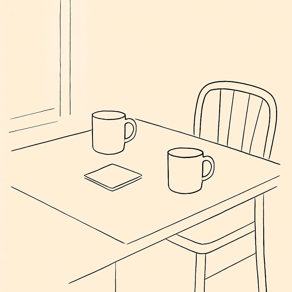 Line art of two coffee mugs on a kitchen table the morning after a fight, a folded napkin between them, a single chair pulled out, soft early light