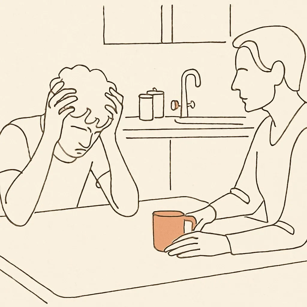 Line art of a teen at a kitchen table with hands on head, parent across