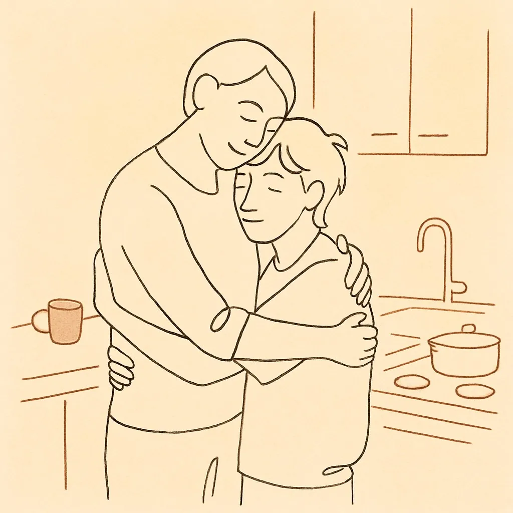 Line art of a parent and teen embracing in a kitchen, soft warm light