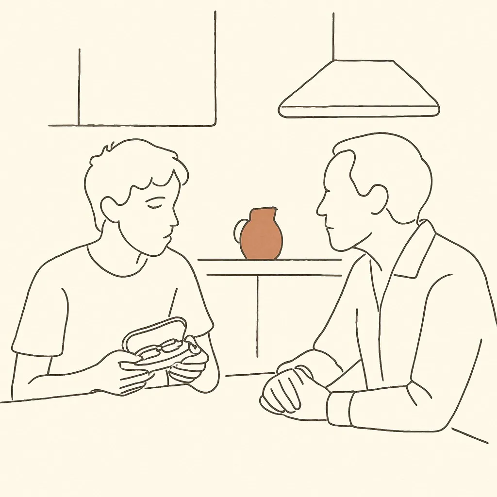 Line art of a teen at a kitchen counter holding a glasses case, parent across