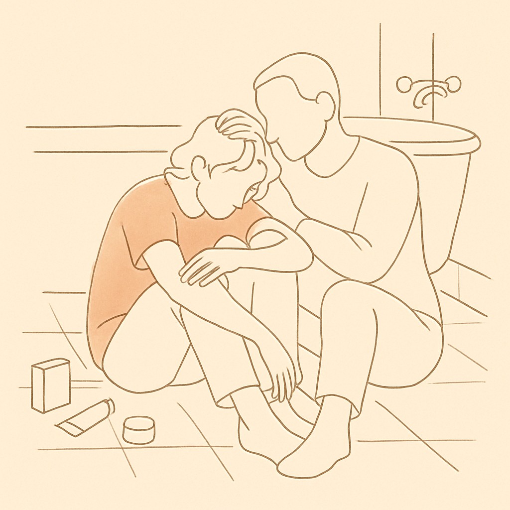 Line art of a teen and parent on a bathroom floor in soft warm light, supplies nearby