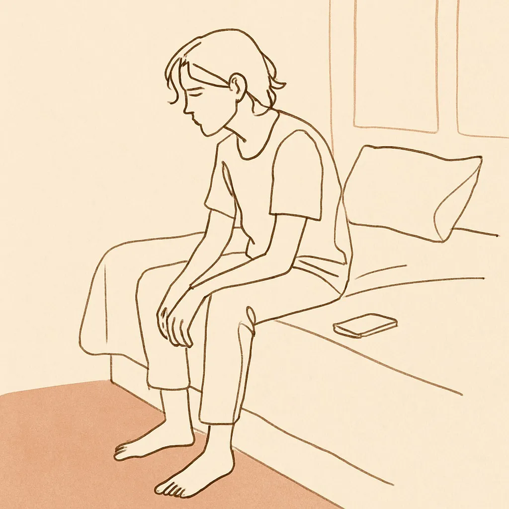 Line art of a teen sitting on the edge of a bed in dim afternoon light, phone face-down beside them